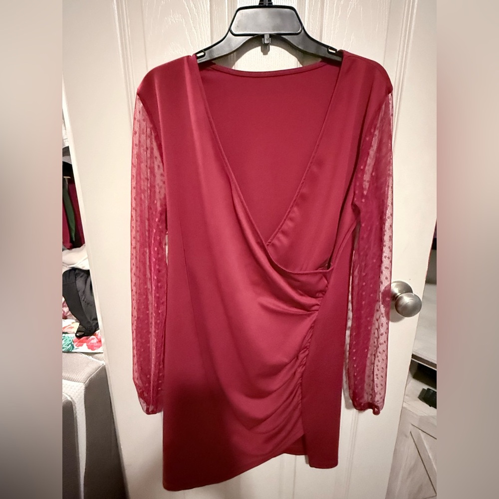 SHEIN Burgundy Long Sleeve Wrap-Style Dress